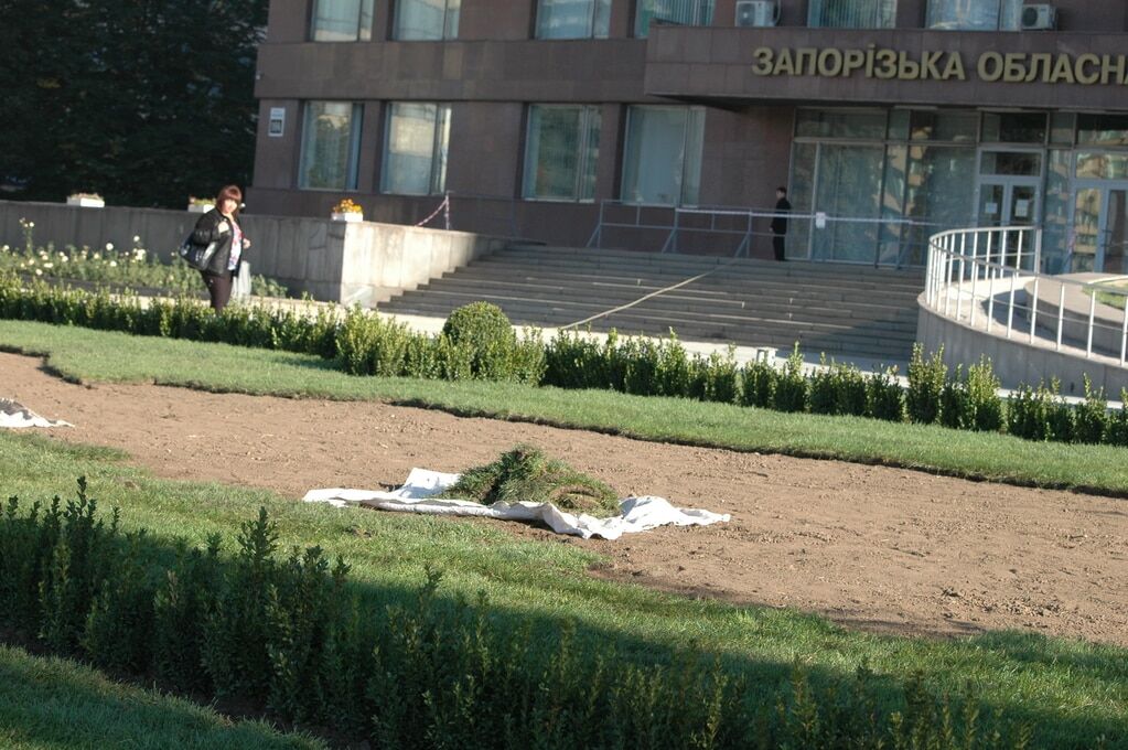В Запорожье на площади Героев "выросли" зеленые клумбы