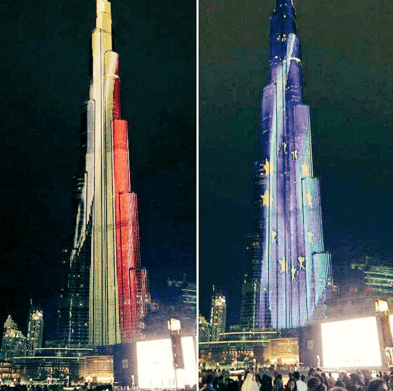 Памяти жертв терактов: самый высокий небоскреб в мире подсветили цветами флага Бельгии. Фото- и видеофакт