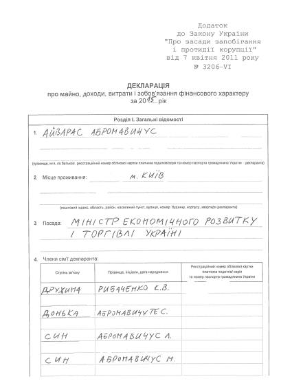 Сім'я Абромавічуса за рік заробила в 6 разів більше, ніж сам міністр