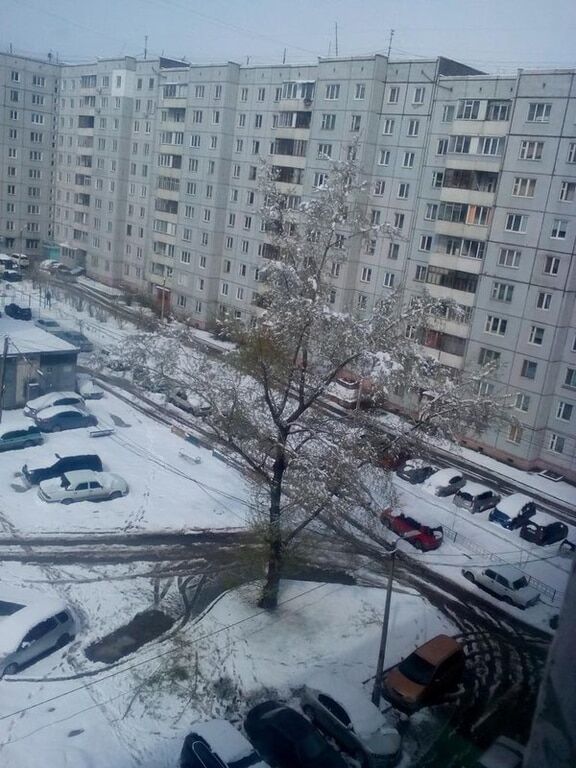 Лужи и месиво: в России на День Победы выпал снег. Фотофакт