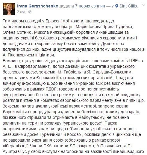 "Безвіз" для України: Геращенко розповіла про доленосні доповіді в Європарламенті