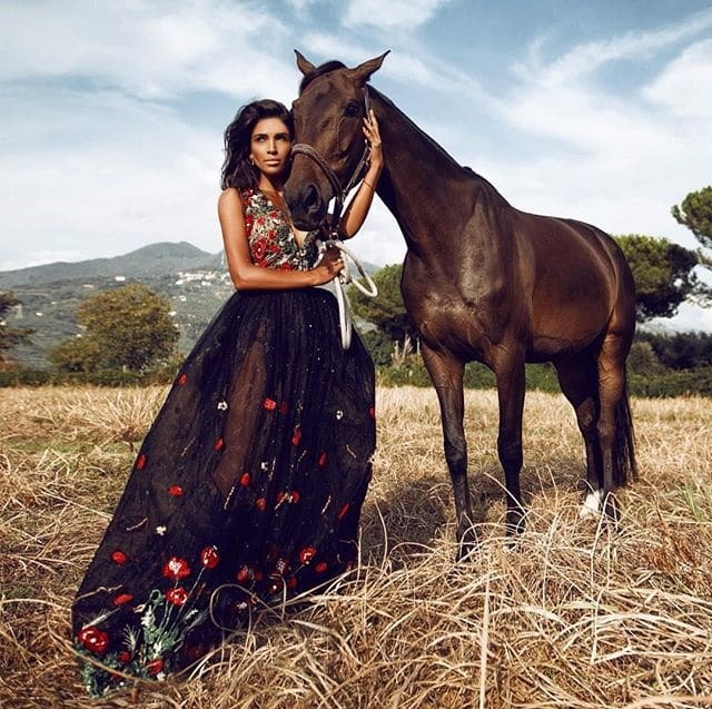 Санта Дімопулос у розкішному вбранні знялася в яскравій фотосесії з конями