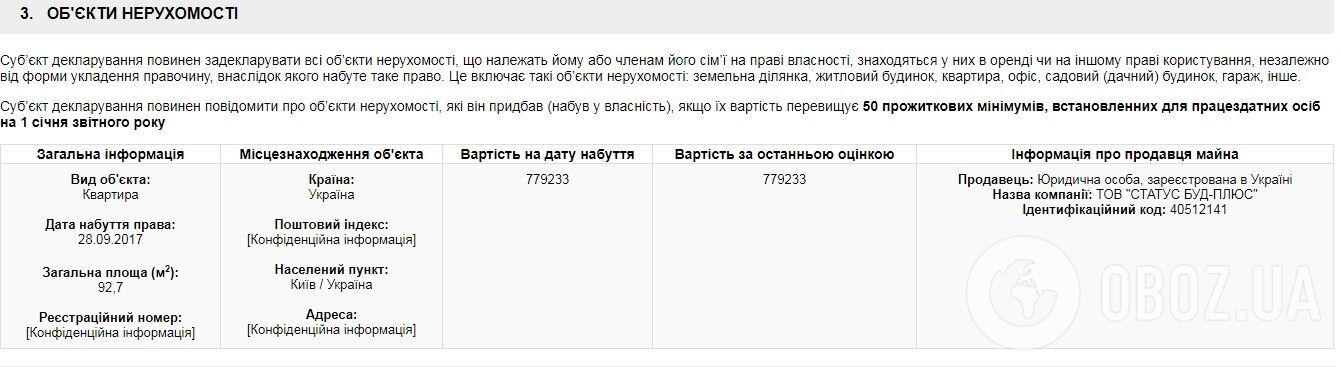 Дані про покупку в декларації Костенко