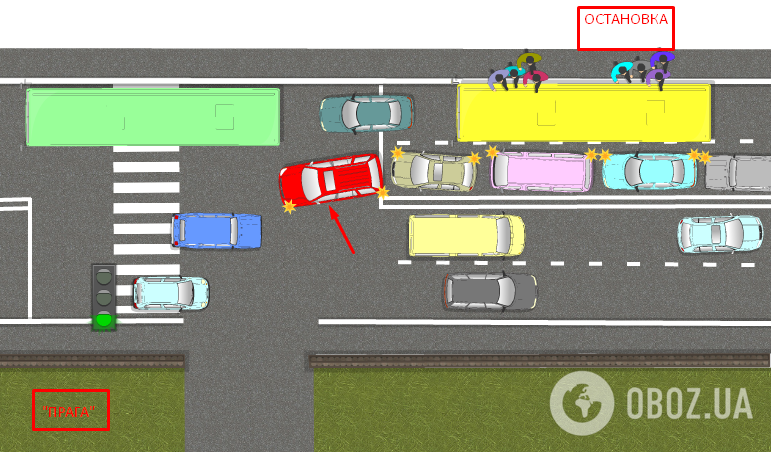 Водитель дожидается красного сигнала светофора, чтобы заехать к ресторану, расположенный на противоположной стороне