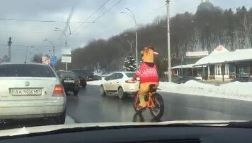 Соцсети позабавило видео с "оленем"-велосипедистом посреди затора в Киеве