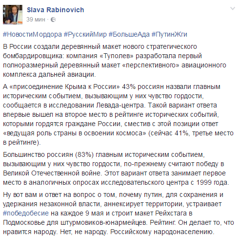 Слава Рабінович пояснив, навіщо Кремль анексував Крим і розгорнув війну на Донбасі