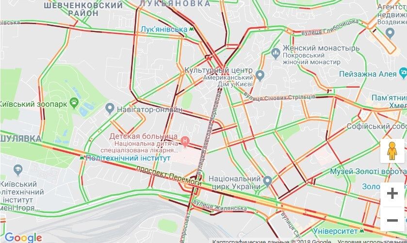 Центр Киева сковали пробки: карта ''красных'' улиц