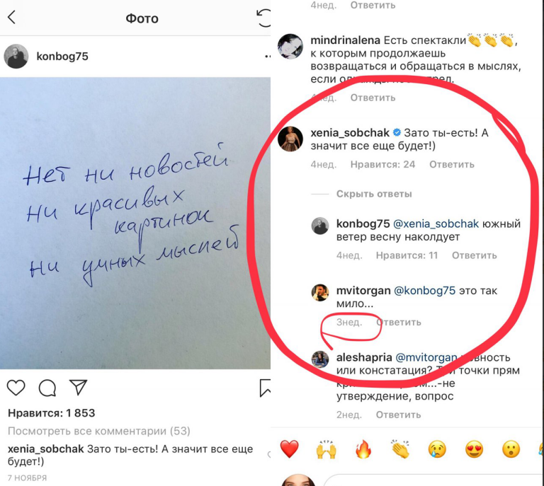 Скриншоты из страниц Собчак и Богомолова в Instagram