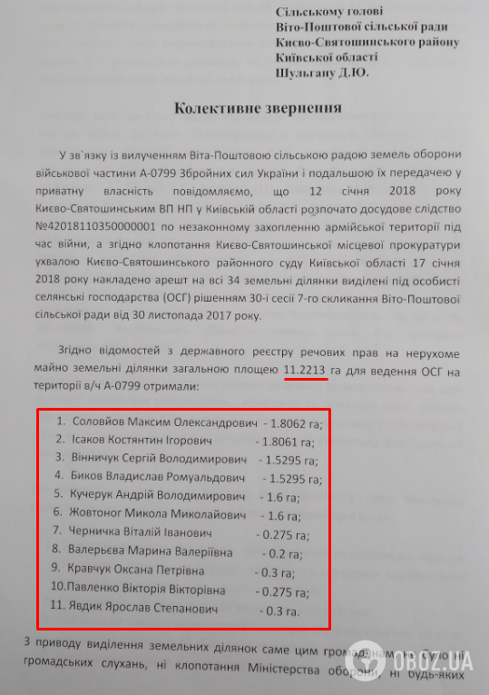 Коллективное обращение жителей. Красным обведены 11 "счастливчиков", получивших землю