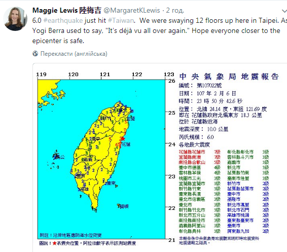 На Тайвані стався землетрус: є жертви, більше 100 поранених