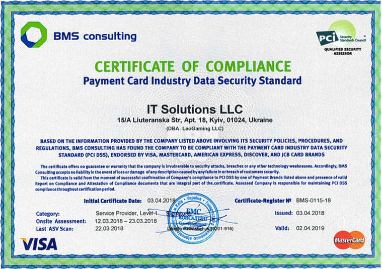 Компанія LeoGaming отримала сертифікат безпеки платежів PCI DSS 3.2