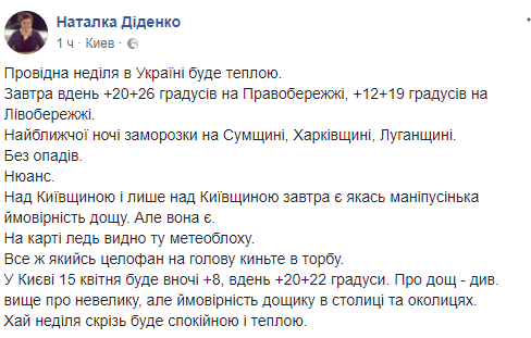 Заморозки і +26: синоптик уточнила прогноз погоди в Україні