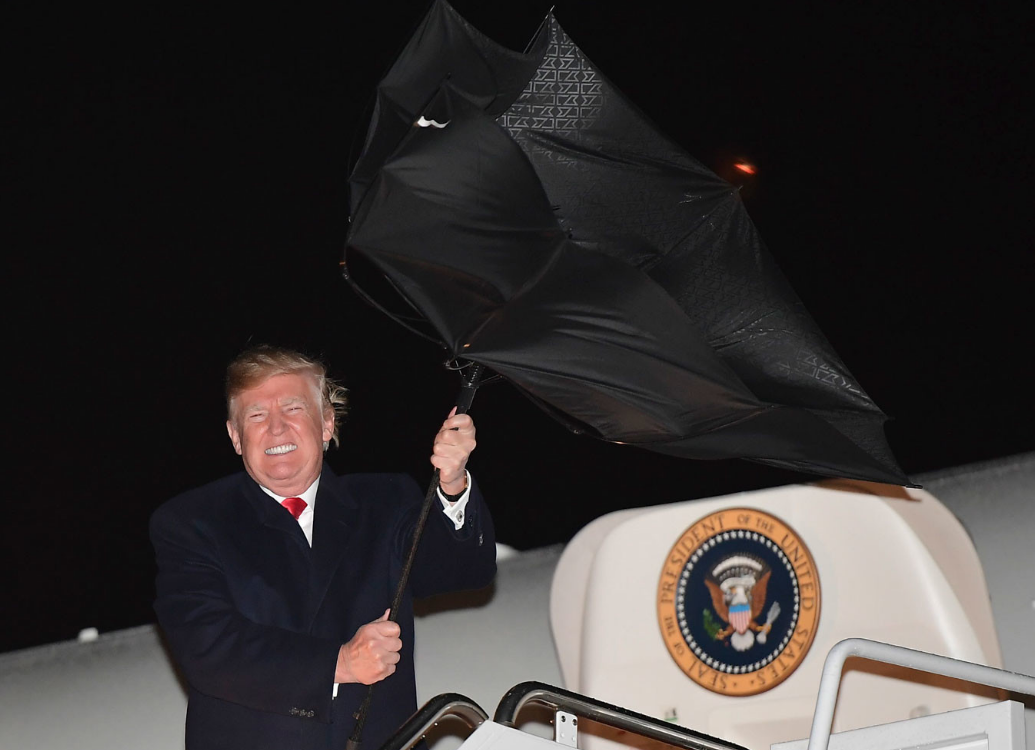 Дональд Трамп з вивернутим парасолькою
