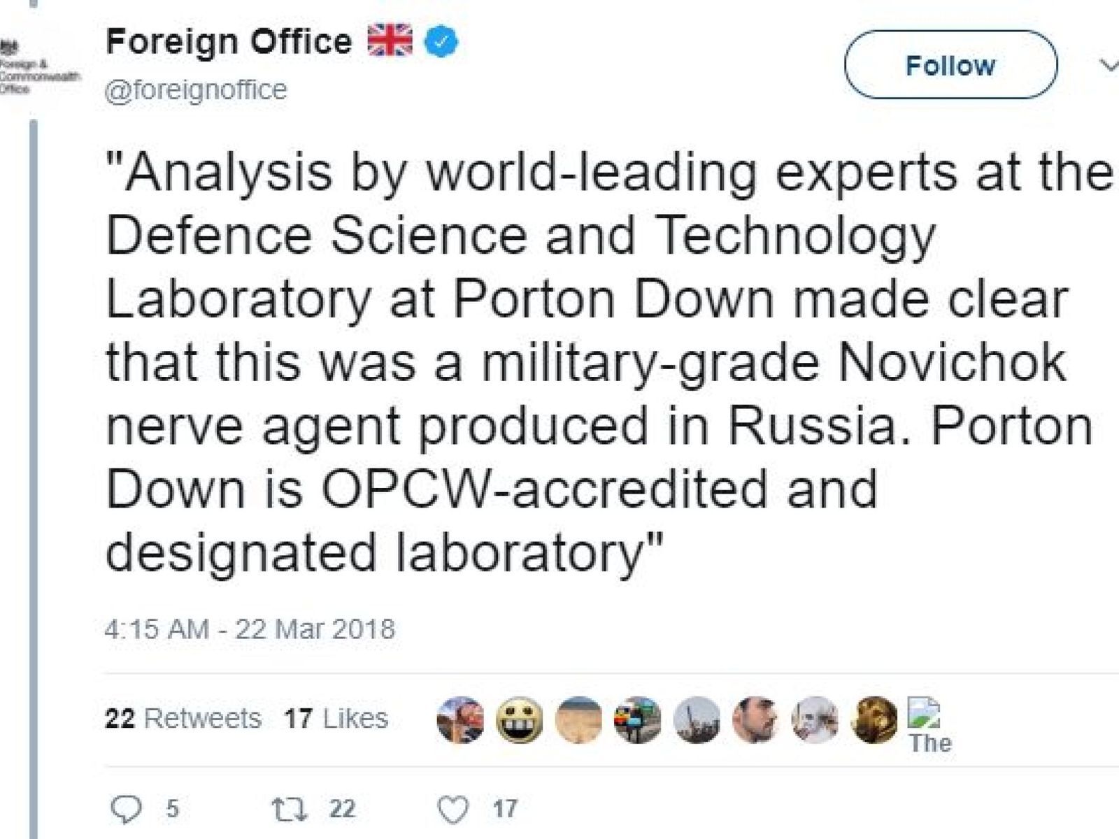 Дело Скрипаля: МИД Великобритании удалил твит с обвинениями России