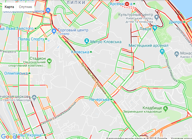 Киев парализовали пробки: опубликована карта "красных" улиц