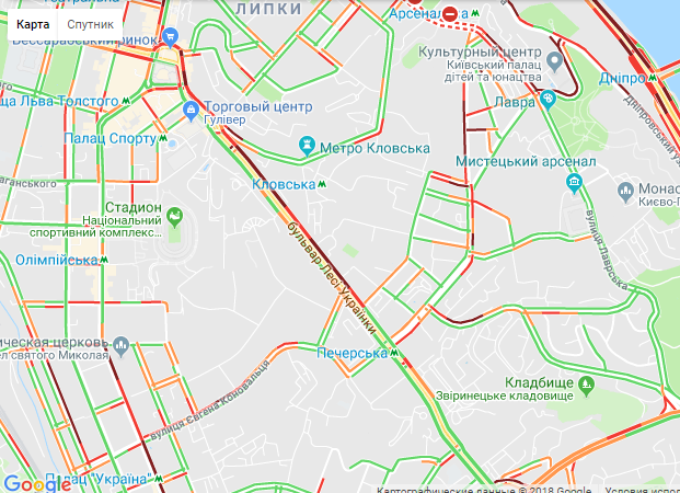 Київ паралізували затори: опублікована карта "червоних" вулиць