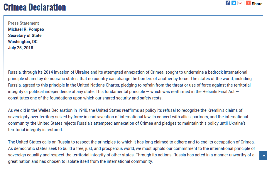В США обнародовали важнейшую "Крымскую декларацию"