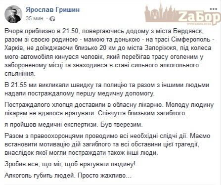 Скандалист Гришин, сбивший насмерть человека, отредактировал свой пост, в котором сообщал о ДТП