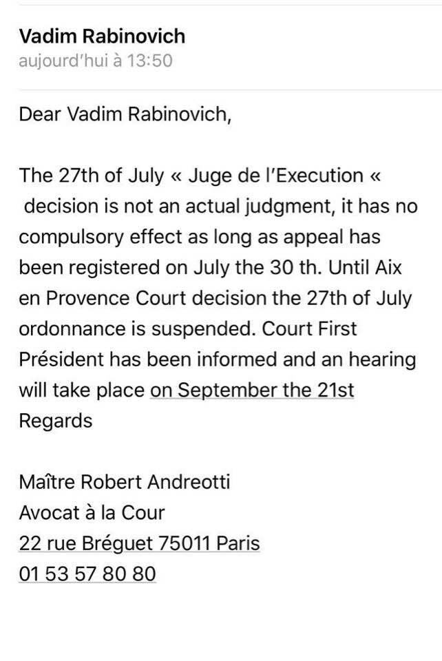 Рабінович подав апеляцію на рішення суду в справі про нерухомість Льовочкіна у Франції