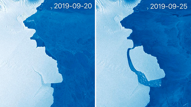 Айсберг до і після того, як він відколовся від льодовика