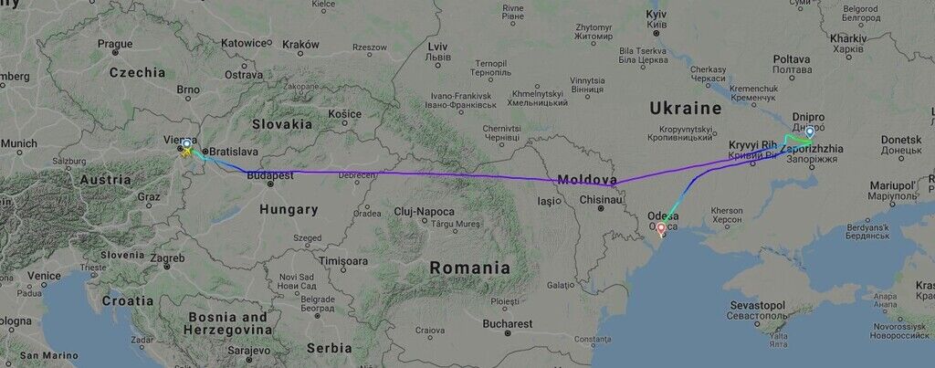 Карта полета рейса OS675 Вена-Днепр