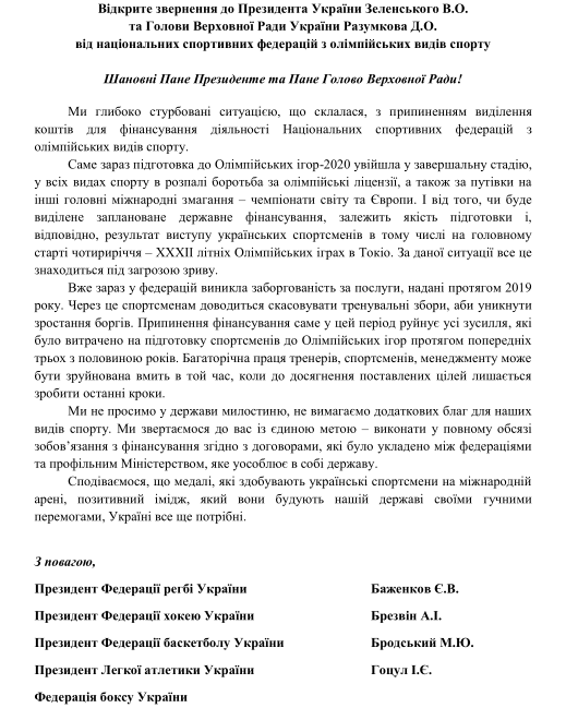 "Руйнує всі зусилля": спортивні федерації звернулися до Зеленського через рішення Кабміну Гончарука