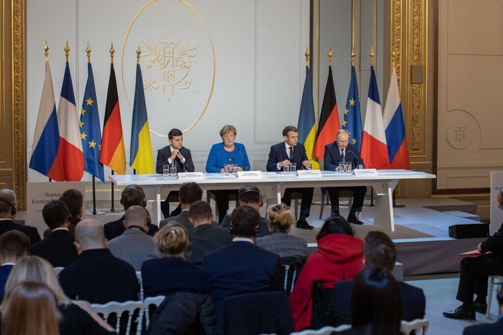 Владимир Зеленский, Ангела Меркель, Эммануэль Макрон, Владимир Путин на "нормандском саммите" 9 декабря 2019 года