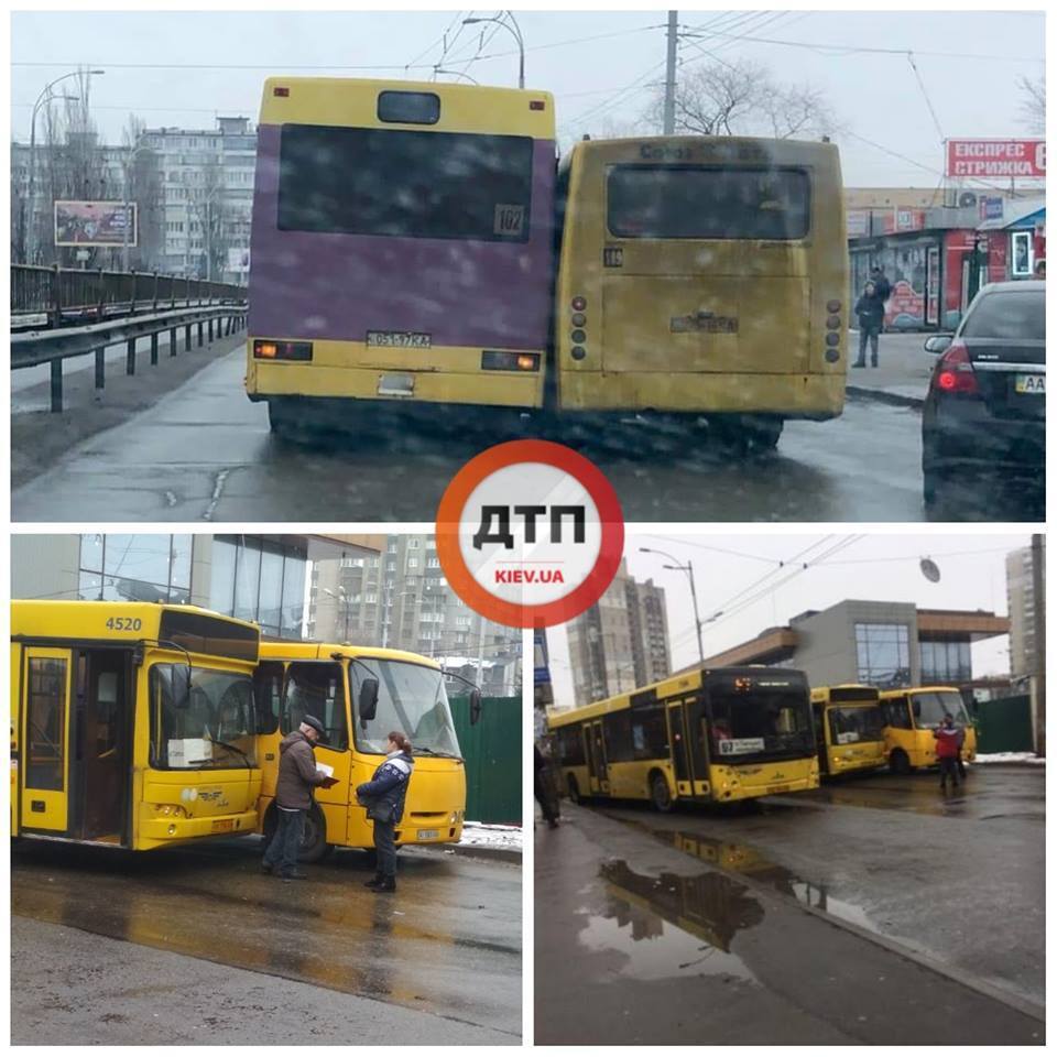 ДТП із автобусами: на верхньому фото – аварія на Оболоні, знизу – Святошино