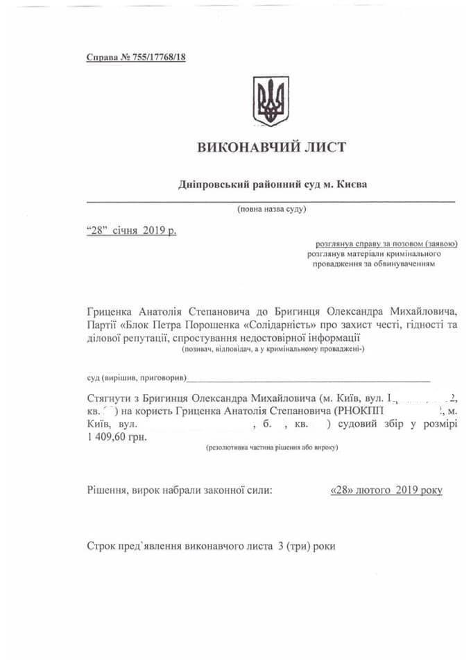 Нардеп БПП проиграл суд Гриценко
