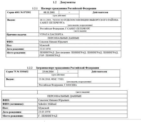 Скріншот паспортної інформації Соколова