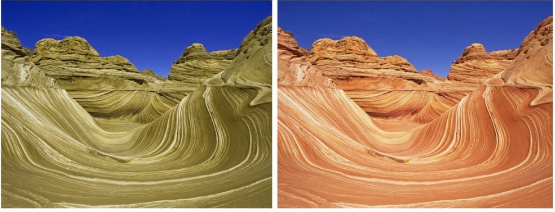 Червоний пісковик в пустелі Арізони (протанопія зліва)