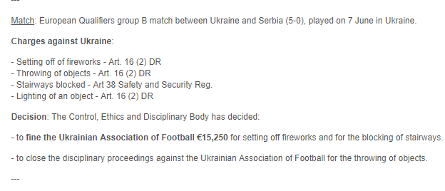 Официально: УЕФА наказал Украину за матч с Сербией