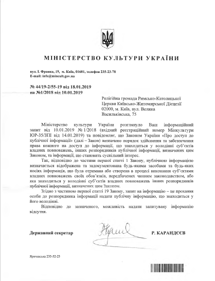 Мінкульт "не володіє інформацією" щодо того, скільки державних коштів було витрачено на "ремонти" костелу за роки незалежності