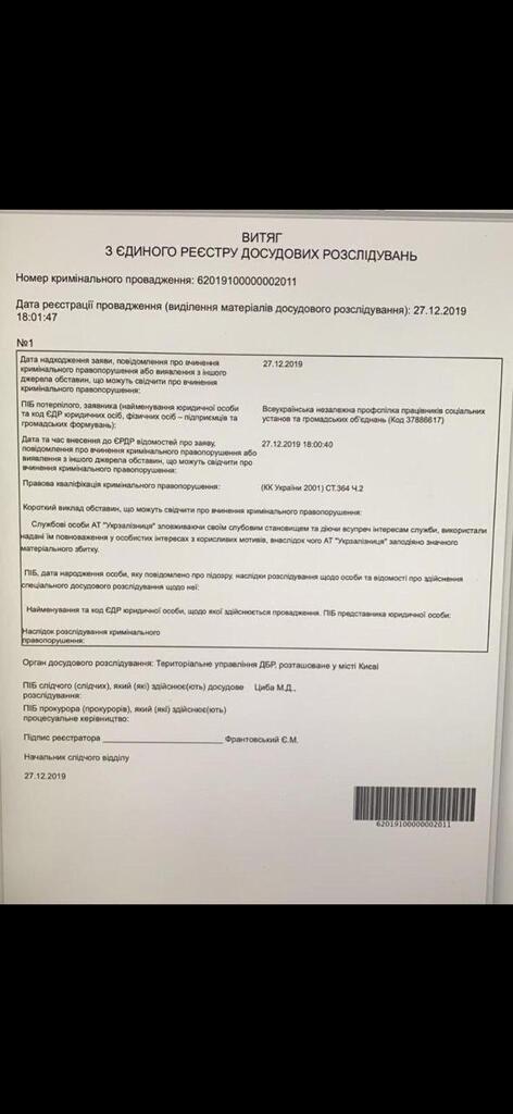 Виписка з Єдиного реєстру досудових розслідувань