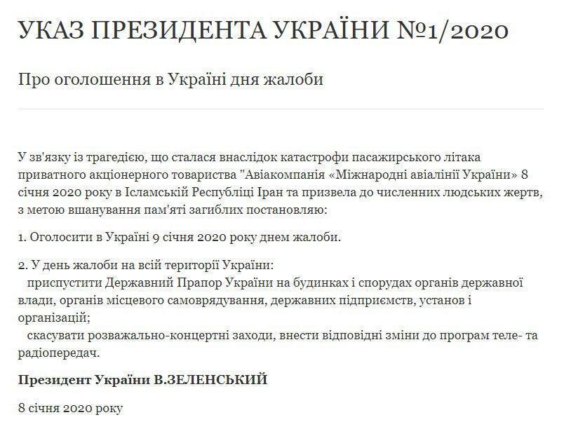 Зеленський оголосив траур в Україні через катастрофу літака МАУ