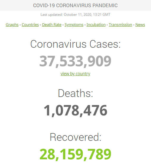 В мире выявлено более 37,5 случаев заражения COVID-19.