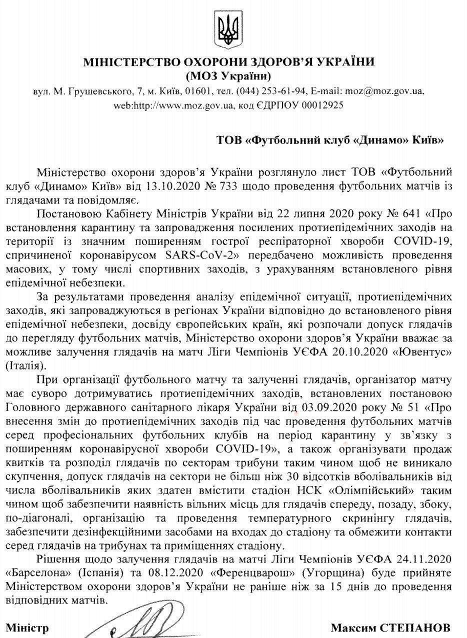 Дозвіл МОЗ на допуск вболівальників під час матчу "Динамо" - "Ювентус"