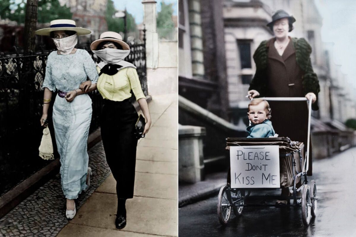 Защитные маски при пандемии "испанки". В качестве меры предосторожности от гриппа женщина повесила на коляску ребенка предупреждающий знак: "Пожалуйста, не целуй меня"