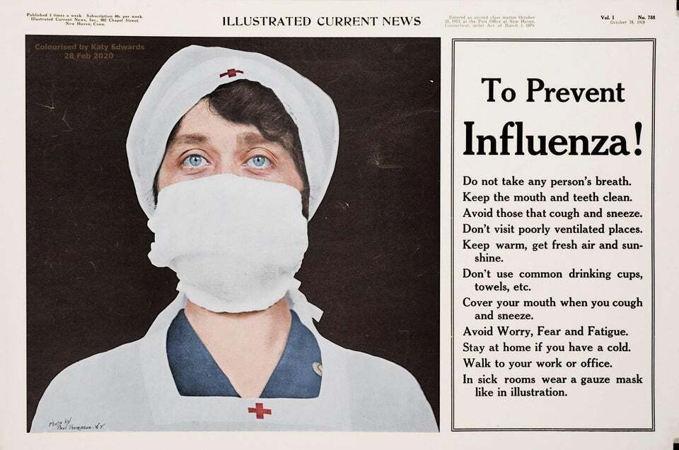 Публічне оголошення про запобігання грипу, опубліковане в Illustrated Current News під час пандемії "іспанки" в 1918 році