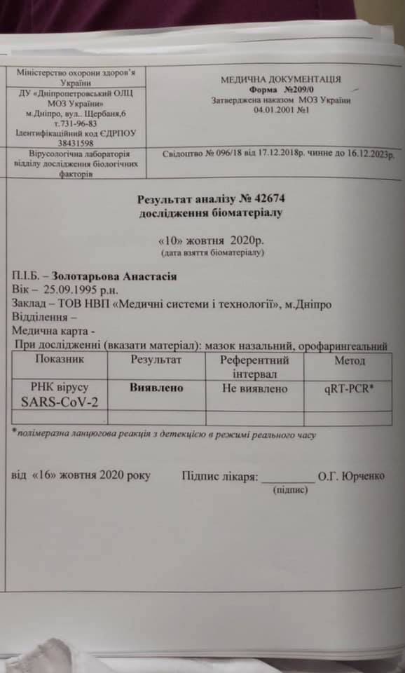 Позитивний результат тесту на коронавірус.