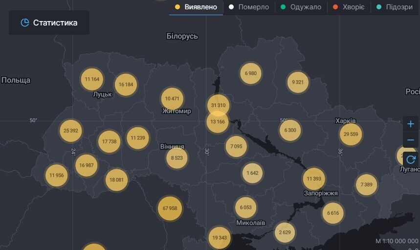 Карта распространения вируса в Украине.