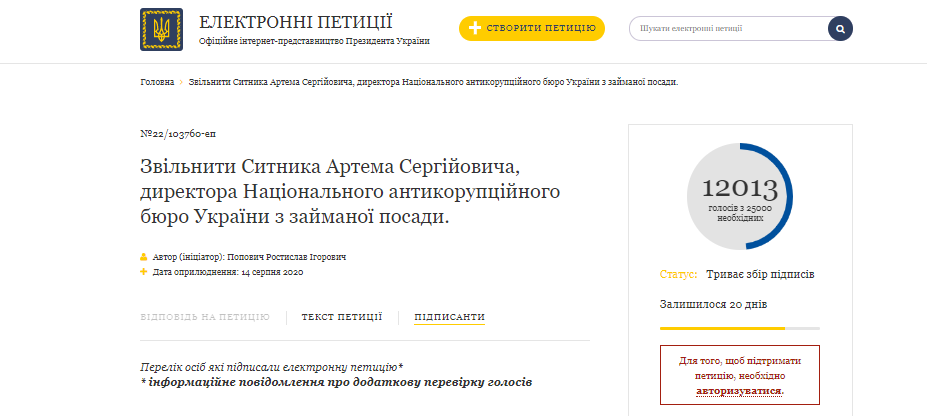 Офіс Президента не зараховує половину голосів під петицією за відставку Ситника