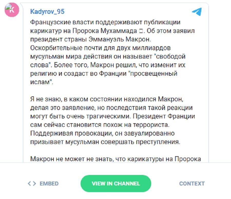 Кадыров считает Макрона виновным в провоцировании терроризма