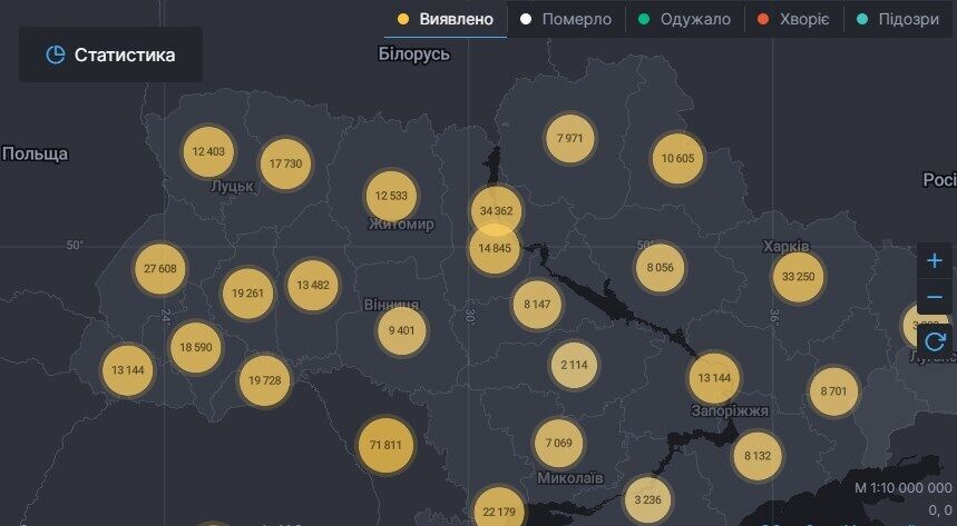 Карта поширення коронавірусу в Україні.