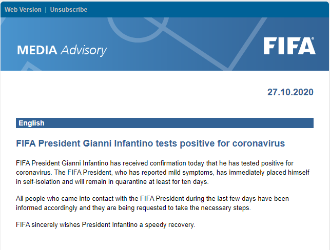 Президент ФИФА заразился COVID-19