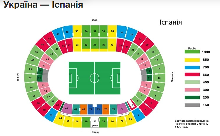 Стоимость билетов на матч Украина - Испания