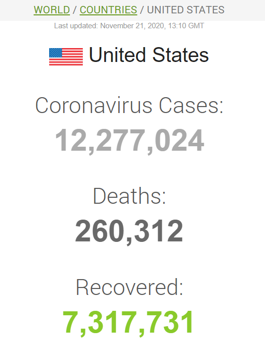 Данные по коронавирусу в США на 21 ноября