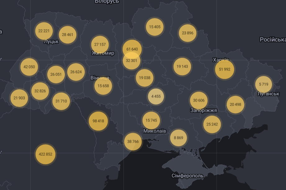 Карта распространения COVID-19 в регионах Украины