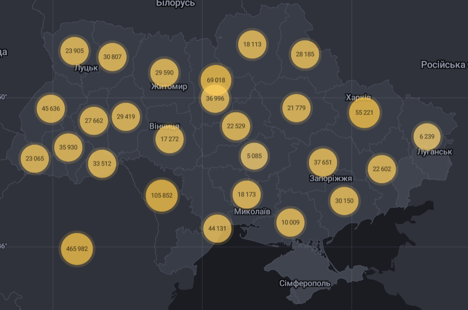 Карта распространения COVID-19 в областях Украины
