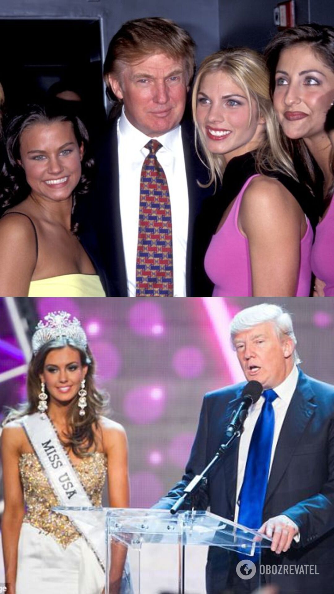 Трамп на пресконференції, присвяченій конкурсам краси "Міс США" і "Міс Тінейджер США" (січень 1999 року); Трамп і Міс Америка-2013